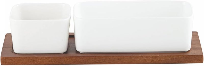 Shallow Acacia Wood Porcelain 2 Pieces Serving Set, 29cm, White & Brown - Image 4